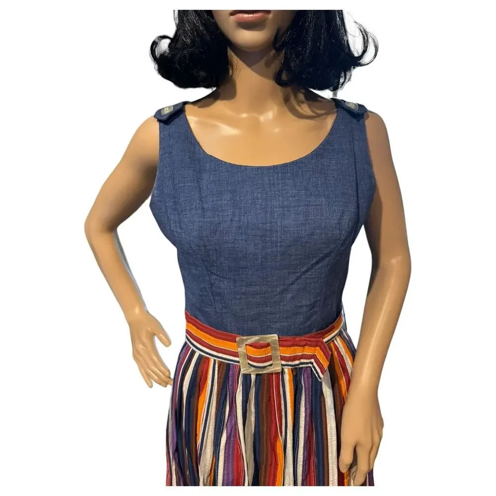 Vintage 1970s PLW Denim & Striped Prairie Midi Dress Boho Belted